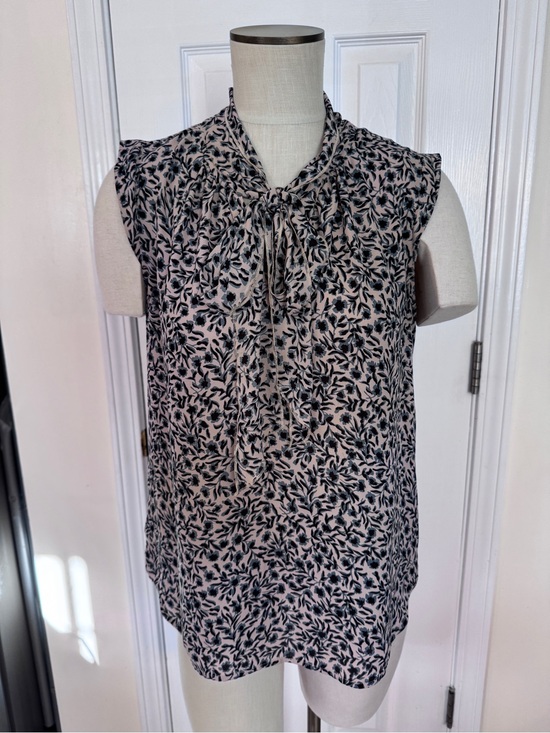 LOFT Tops - LOFT Floral Tie Neck Sleeveless Blouse Top Medium Blue Black Career Office Boho